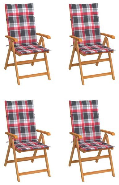 VidaXL 4 db tömör tíkfa kerti szék piros kockás párnákkal