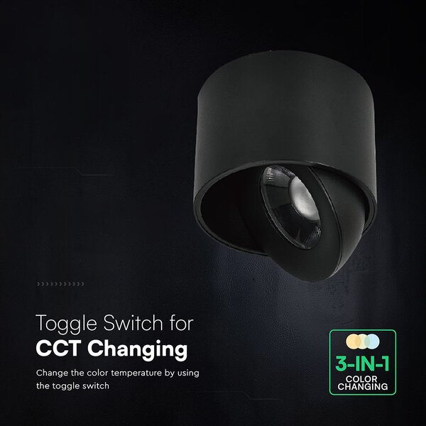 V-TAC CREE COB 12W mennyezeti LED mélysugárzó, állítható szöggel, fekete házzal, CCT - SKU 24475