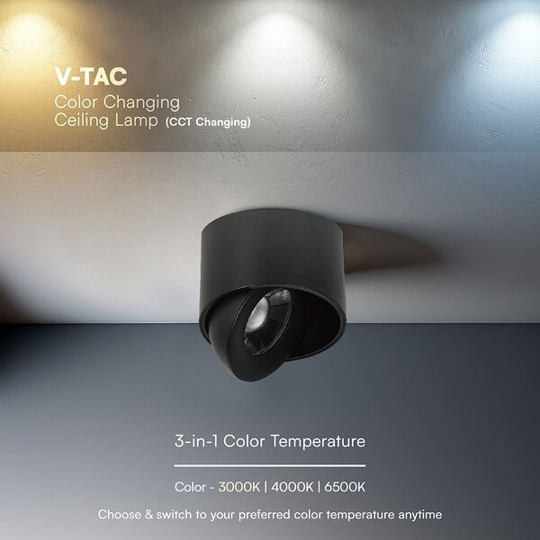 V-TAC CREE COB 12W mennyezeti LED mélysugárzó, állítható szöggel, fekete házzal, CCT - SKU 24475