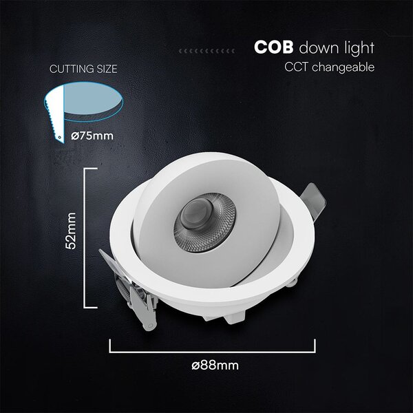 V-TAC CREE COB 12W süllyeszthető LED mélysugárzó, állítható szöggel, fehér házzal, CCT - SKU 24478