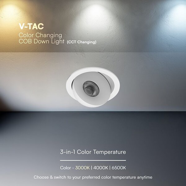V-TAC CREE COB 12W süllyeszthető LED mélysugárzó, állítható szöggel, fehér házzal, CCT - SKU 24478
