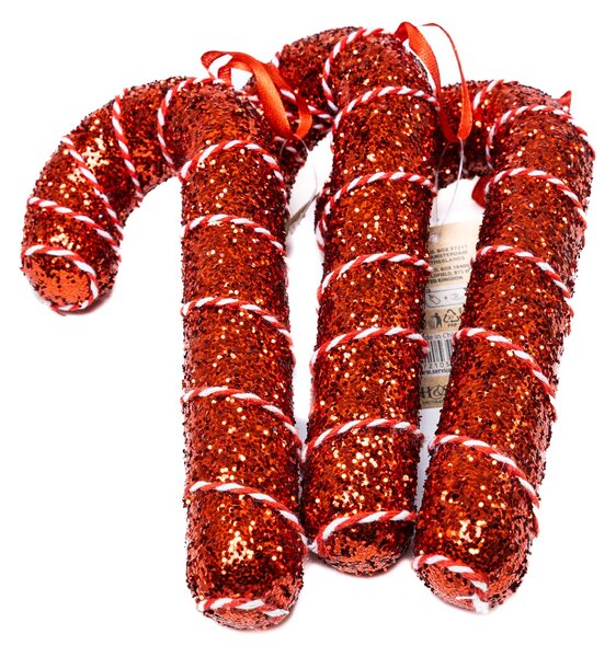 Fehér cukorpálca dísz piros masnival 16.5 cm Fehér flitteres, piros szalag