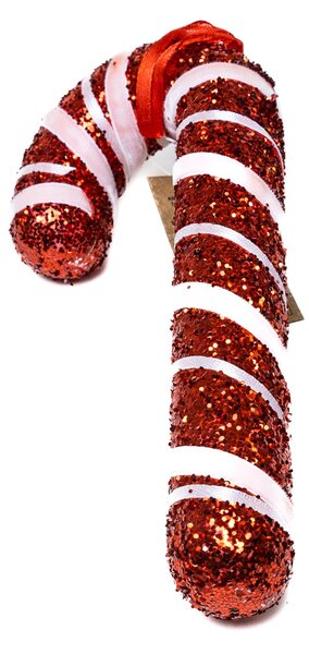 Fehér cukorpálca dísz piros masnival 16.5 cm Fehér flitteres, piros szalag