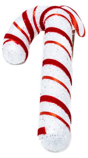 Fehér cukorpálca dísz piros masnival 16.5 cm Fehér flitteres, piros szalag