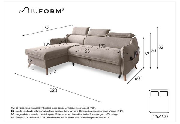 Világosszürke bársony kinyitható sarokkanapé (bal oldali) Sweet Harmony – Miuform