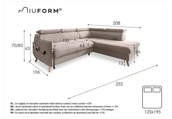 Világosszürke bársony kinyitható sarokkanapé (jobb oldali) Sweet Harmony – Miuform