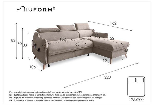 Bézs bársony kinyitható sarokkanapé (jobb oldali) Sweet Harmony – Miuform