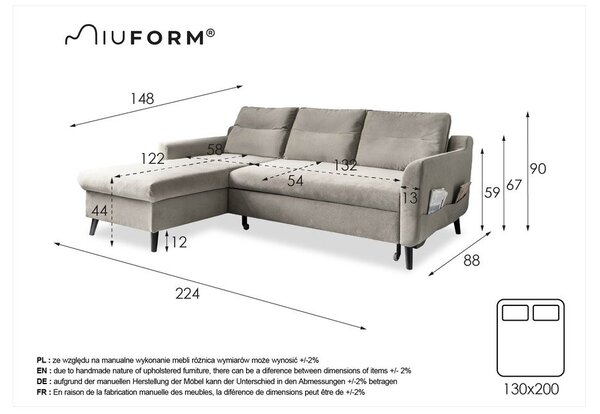 Stylish Stan sötétkék kinyitható bársony sarokkanapé, bal oldali - Miuform
