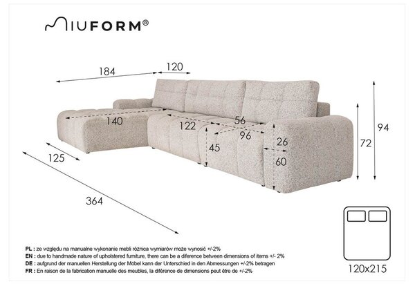 Bézs kinyitható tárolóhelyes moduláris sarokkanapé (bal oldali) Lulu – Miuform
