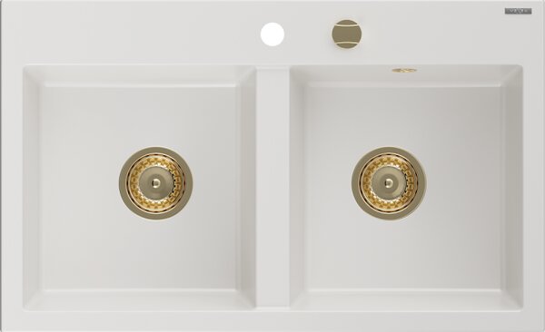 Mexen Hektor, 2 kamrás gránit mosogató 800x480x205 mm, fehér, arany szifon, 6521802000-20-G