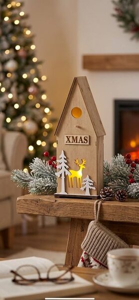 Dísz MagicHome karácsonyi Woodeco, Madáretető, 3 LED, 12x7x32 cm