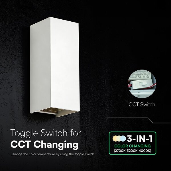 V-TAC kültéri, kétirányú szögletes 10W fehér fali LED lámpa, CCT - SKU 24345
