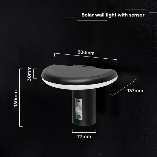 V-TAC 2W napelemes LED fali lámpa PIR szenzorral, IP54, meleg fehér - SKU 24365