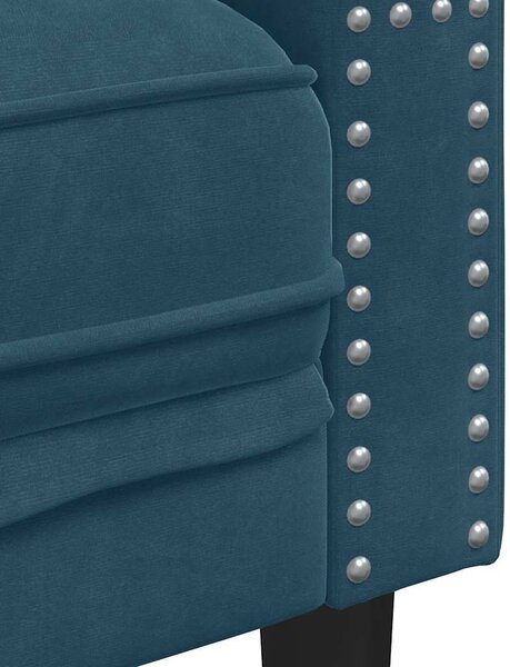 2 részes kék bársony Chesterfield kanapészett hengerpárnákkal