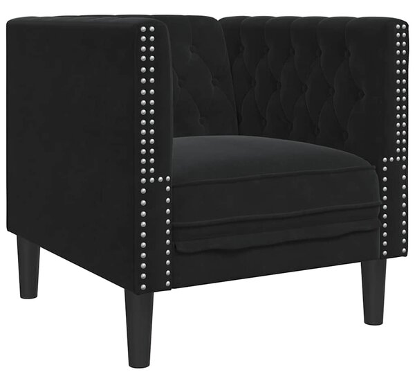 3 részes fekete bársony Chesterfield kanapészett párnákkal