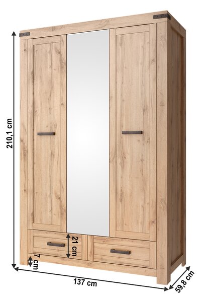 KONDELA Szekrény 3D2S tükörrel, wotan tölgy, MORATIZ