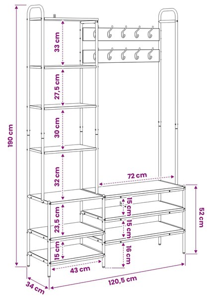 VidaXL Kabátállvány cipőpaddal Antik Fa 120,5 x 34 x 190 cm Szerelt Fa