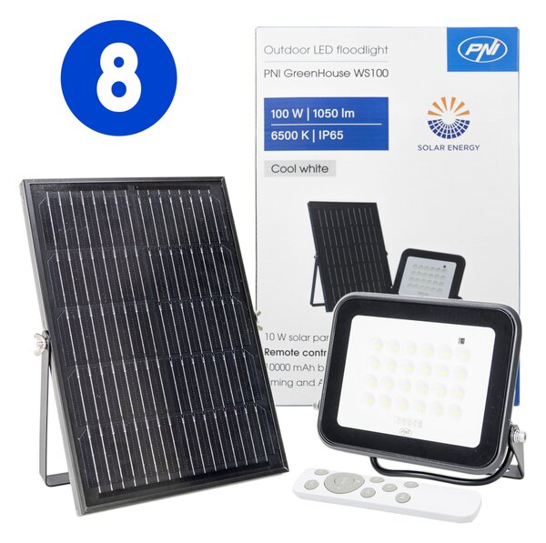 8 db-os PNI GreenHouse WS100 LED reflektor 100W szolár panellal, 10000mAh akkumulátorral, távirányítóval, állítható időzítéssel és fényerővel, 6500 K, IP65