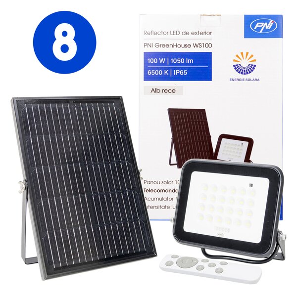 8 db-os PNI GreenHouse WS100 LED reflektor 100W szolár panellal, 10000mAh akkumulátorral, távirányítóval, állítható időzítéssel és fényerővel, 6500 K, IP65