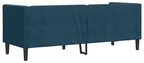 3 személyes kék bársony Chesterfield kanapé hengerpárnákkal