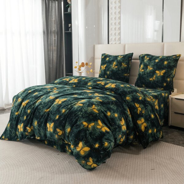 Mikroplüss ágyneműhuzat szett YELLOW BUTTERFLY sötétzöld + mikroplüss lepedő SOFT 90x200 cm fehér, egyszemélyes