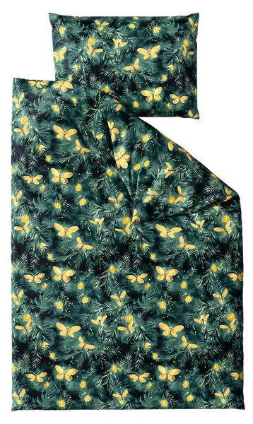 Mikroplüss ágyneműhuzat szett YELLOW BUTTERFLY sötétzöld + mikroplüss lepedő SOFT 90x200 cm fehér, egyszemélyes