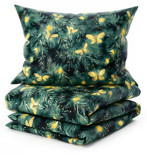 Mikroplüss ágyneműhuzat szett YELLOW BUTTERFLY sötétzöld + mikroplüss lepedő SOFT 90x200 cm fehér, egyszemélyes