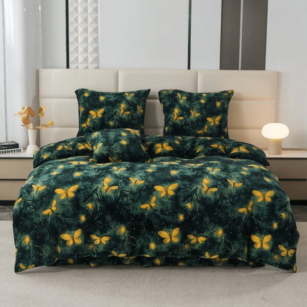 Mikroplüss ágyneműhuzat szett YELLOW BUTTERFLY sötétzöld + mikroplüss lepedő SOFT 90x200 cm fehér, egyszemélyes