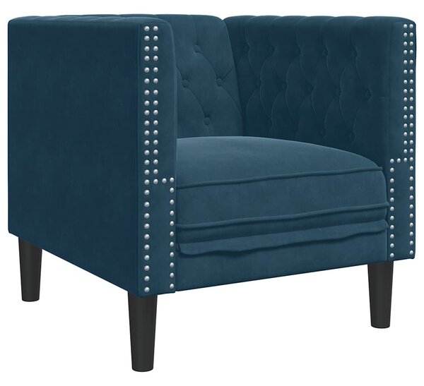 3 részes kék bársony Chesterfield kanapészett hengerpárnákkal