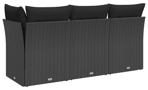 3 személyes fekete polyrattan kerti kanapé párnákkal