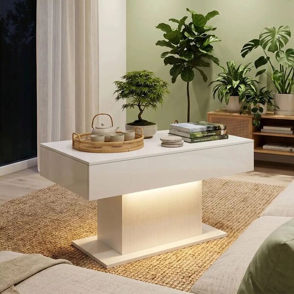 HOMCOM Dohányzóasztal tárolóval, LED magasfényű, modern, 2 fiókkal és távirányítóval, fehér