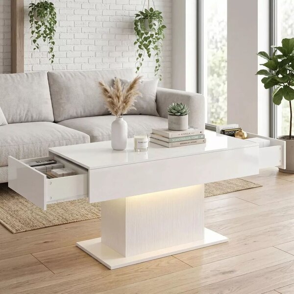 HOMCOM Dohányzóasztal tárolóval, LED magasfényű, modern, 2 fiókkal és távirányítóval, fehér