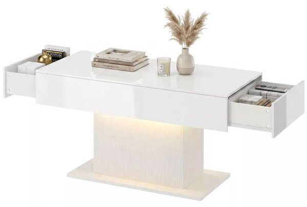 HOMCOM Dohányzóasztal tárolóval, LED magasfényű, modern, 2 fiókkal és távirányítóval, fehér