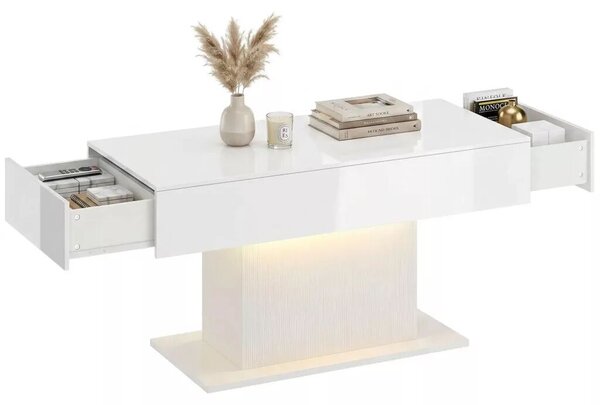 HOMCOM Dohányzóasztal tárolóval, LED magasfényű, modern, 2 fiókkal és távirányítóval, fehér