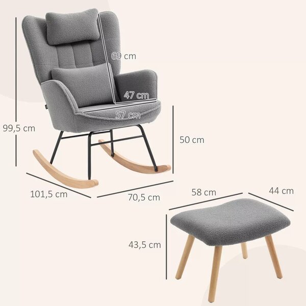 HOMCOM Hintaszék lábtartóval, puha polár huzattal, fa lábakkal, párna, magas háttámla, hintaszék, sötétszürke