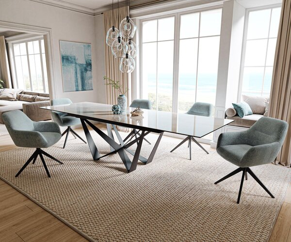 DELIFE Étkezőasztal Edge 200-300x100 cm kerámia onyx pezsgő pókháló laposacél fekete kihúzható