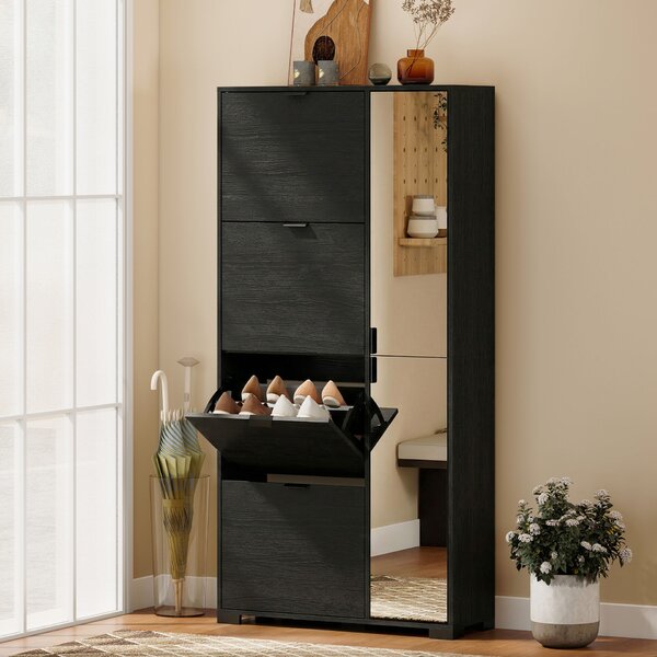 HOMCOM Cipőszekrény tükörrel, 4 összecsukható fiókkal, előszobaszekrény, fekete