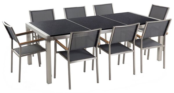 Nyolcszemélyes fekete osztott asztallapú étkezőasztal szürke textilén székekkel GROSSETO