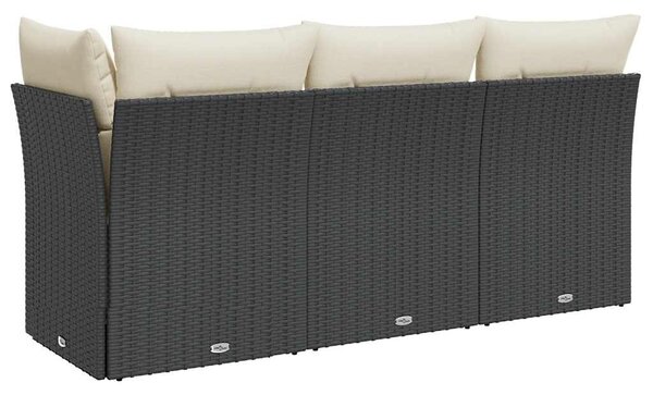 Fekete 3 személyes polyrattan kerti kanapé párnákkal
