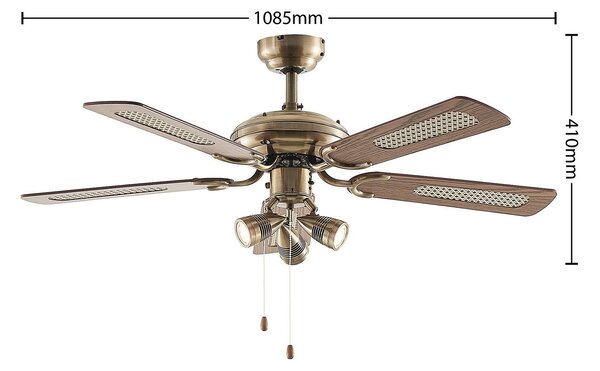 Anariki mennyezeti ventilátor világítással, csendes, sárgaréz – Lindby Lindby, Anariki, Arany / Sárgaréz, Nappali, Fém, Vidéki otthon / Rusztikus