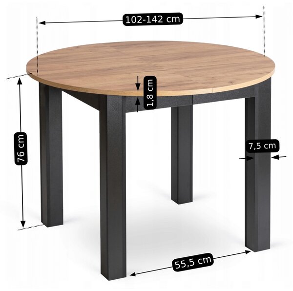 HARRY kihúzható kerek étkezőasztal 102-142 cm, craft tölgy/fekete
