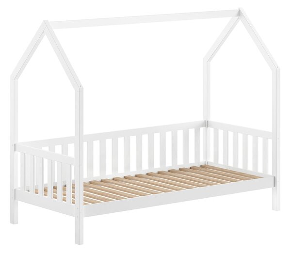 Fehér házikó alakú borovi fenyő gyerekágy ágyráccsal 90x200 cm Cabane – Vipack
