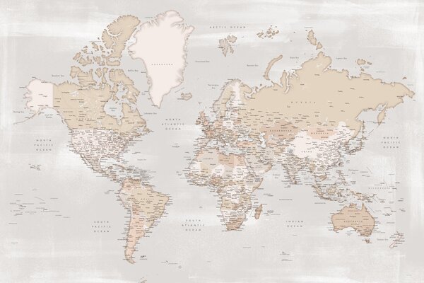 Rustic detailed world map with cities, Lucille Térképe, Blursbyai, (40 x 26.7 cm)