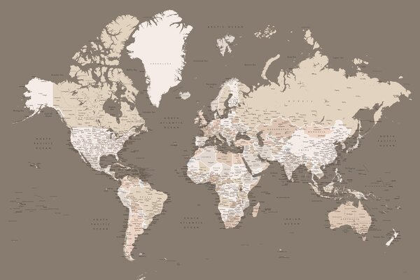 Earth tones detailed world map with cities Térképe, Blursbyai, (40 x 26.7 cm)