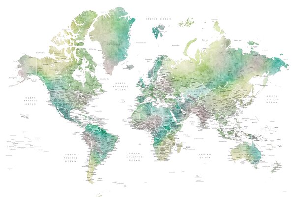 Watercolor world map with cities in muted green, Oriole Térképe, Blursbyai, (40 x 26.7 cm)