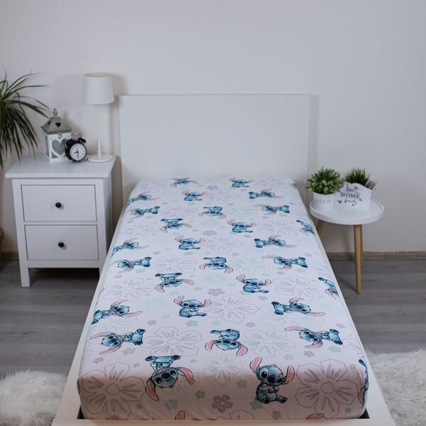 Fehér gumis egyszemélyes pamut gyerek lepedő 90x200 cm Lilo and Stitch "Ohana White" – Jerry Fabrics