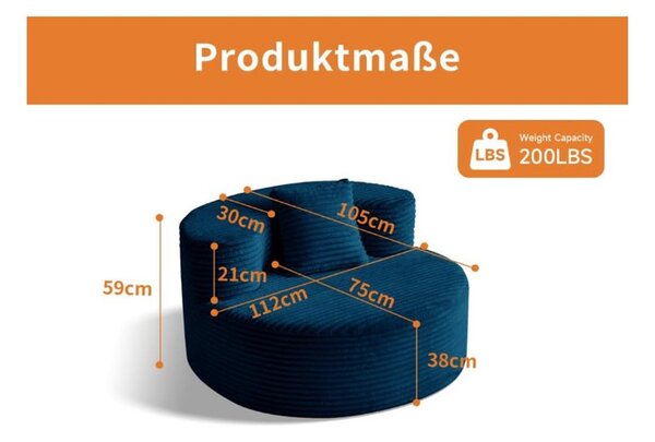 Hmluxury kék kordbársony habfotel, váz nélküli, vákuumcsomagolt, 112 cm