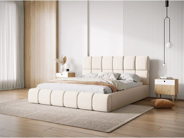 Krémszínű kárpitozott ágyneműtartós franciaágy ágyráccsal 160x200 cm Bellis – Micadoni Home