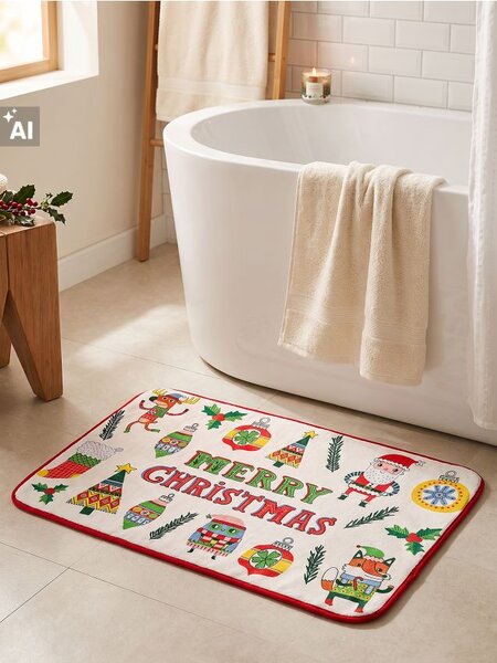 Sinsay - Karácsonyi fürdőszobaszőnyeg Merry Christmas felirattal és ünnepi motívumokkal - krémszínű