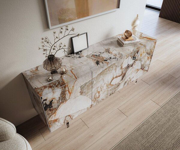 DELIFE Komód Cuor 180 cm kerámia patagónia polírozott 2 ajtós 3 fiókos lebegő láb akrilüveg